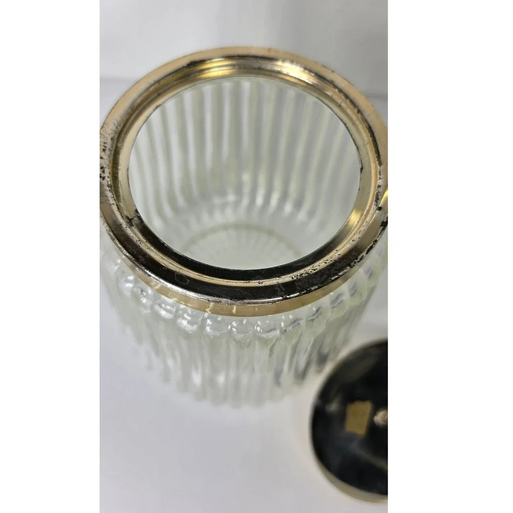 Vintage Ribbed Glass Biscuit Jar Ice Bucket Gold Tone Lid Swing Handle MCM